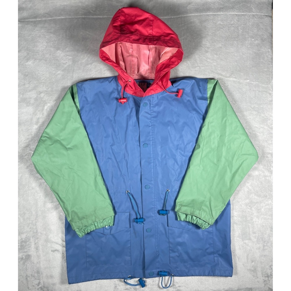 Vintage GAP Rain Jacket Youth S/M Blue Green Pink Hooded Colorblock 80s